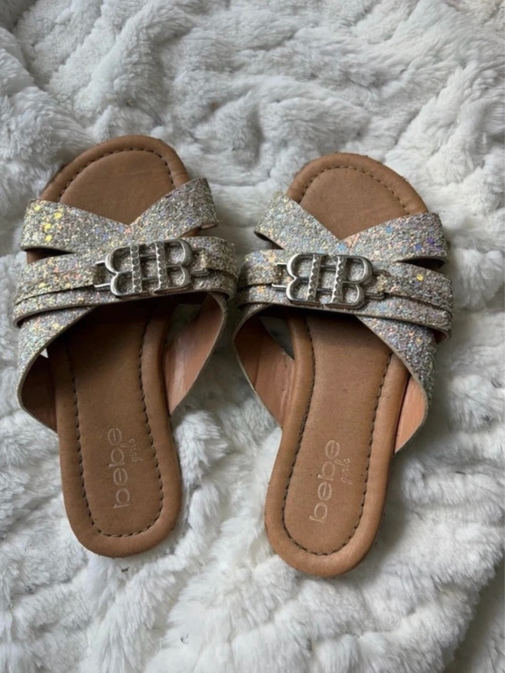 bebe Glitter Slide Sandals in Silver and Tan